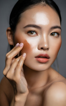 portrait of beautiful asian woman applying cream on face isolated on greyの素材