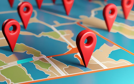 3d illustration of city map with red GPS pointers over blue backgroundの素材