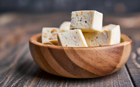 Tofu cubes in a wooden bowl on a wooden background.の素材