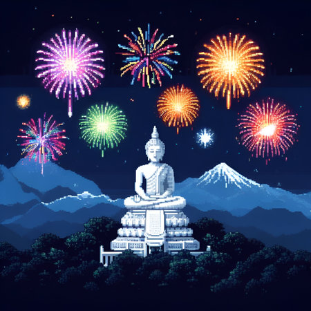 Buddha statue and fireworks on the top of mountain, vector illustrationの素材