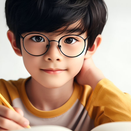 Portrait of a cute little boy in eyeglasses reading a bookの素材
