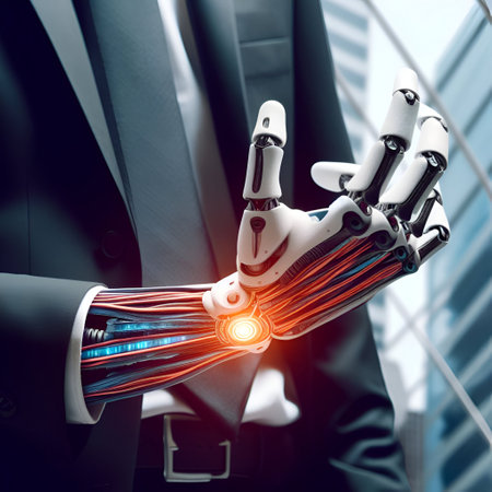 3d rendering robot hand pointing with finger on human body in suitの素材