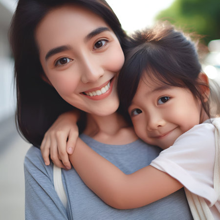 Portrait of asian mother and daughter hugging and looking at cameraの素材