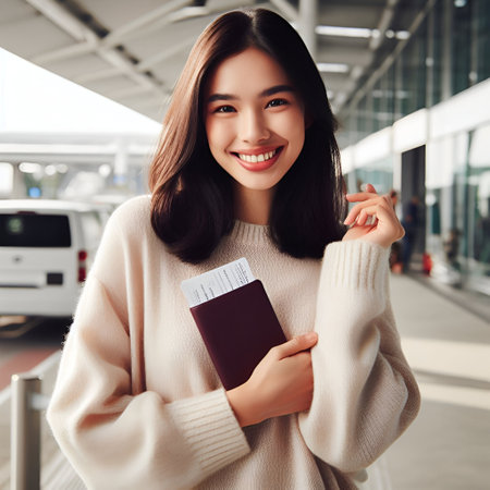 Smiling young asian woman holding passport and boarding pass at airportの素材