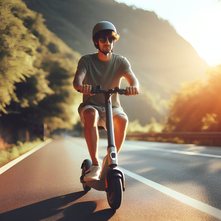 young man riding electric scooter on the road. healthy lifestyle conceptの素材
