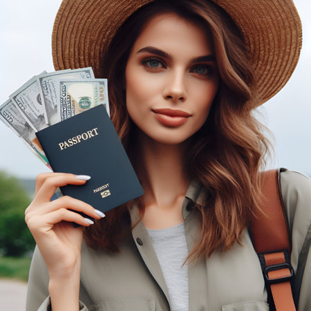 travel, tourism, vacation and people concept - smiling young woman in hat with passport and dollarsの素材