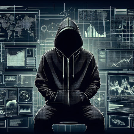 Hooded hacker sitting on dark background with high tech graphs and chartsの素材