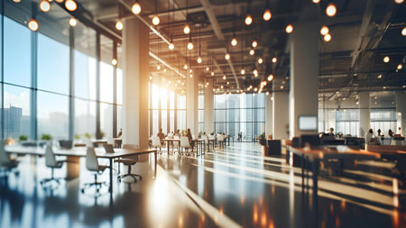 Interior of modern office with glass walls, concrete floor and rows of white computer tables with chairs. Blurred background. Toned imageの素材