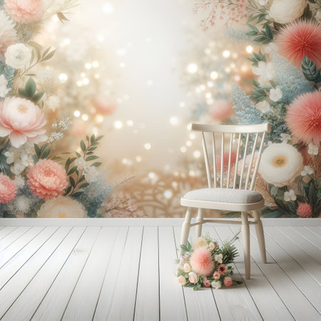 White wood chair in front of flower wall background. 3d renderの素材