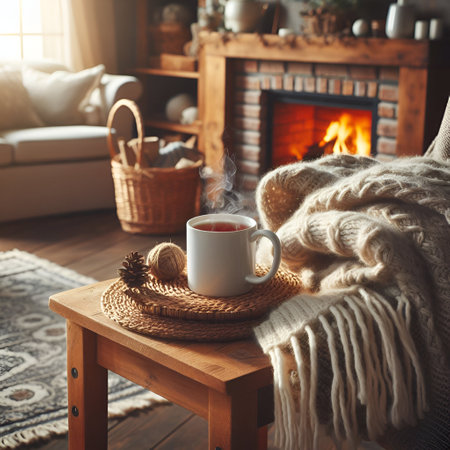 Cozy home interior with a cup of hot drink, knitted plaid and fireplaceの素材