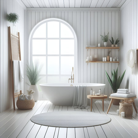 Bathroom interior with white walls, wooden floor and white bathtub. 3d renderingの素材