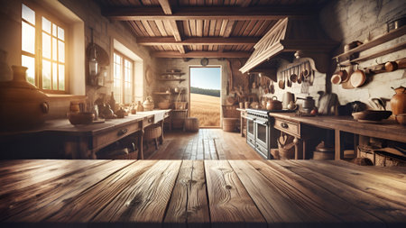Wooden table in the kitchen of an old house. 3d renderingの素材