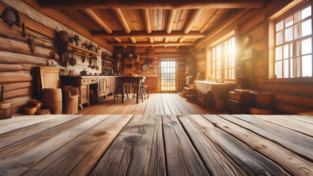 Interior of a rustic log house with a wooden floor and a fireplaceの素材
