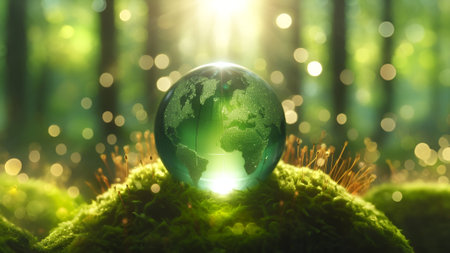 Globe in the forest with bokeh background. 3d renderingの素材