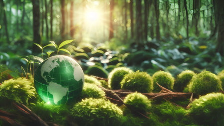 Globe in the green forest. Save the world concept. 3d renderの素材