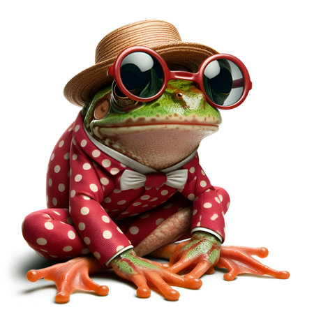 Frog in a red shirt, hat and sunglasses sitting on white backgroundの素材