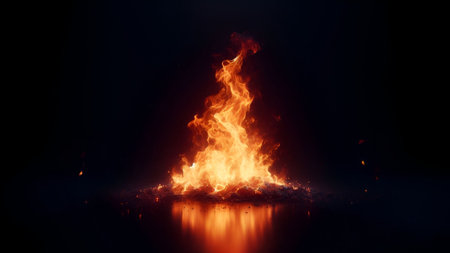 Burning bonfire on black background with reflection in water, 3d illustrationの素材