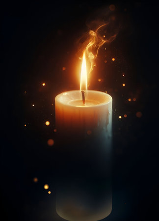 Burning candle on a black background with bokeh effect.の素材