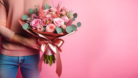 Bouquet of flowers in the hands of a girl on a pink backgroundの素材