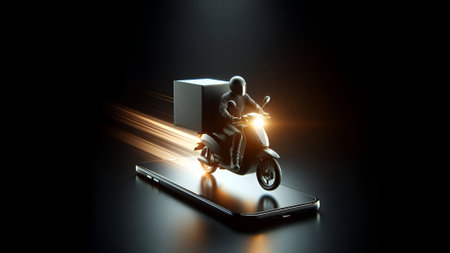 Cyclist on a motorcycle with a box. 3D renderingの素材