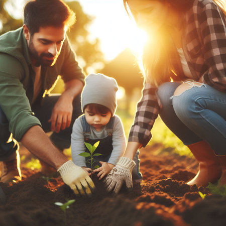 Happy family planting a tree in the garden at sunset. Father, mother and son planting a tree together.の素材