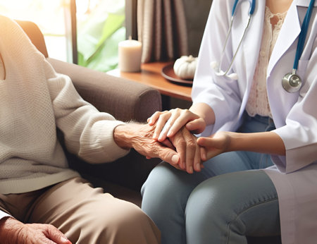 Doctor holding hands of senior patient in nursing home. Healthcare and medical service.の素材