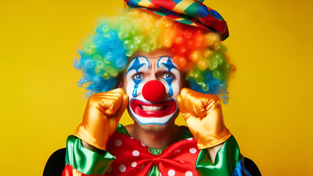 Portrait of a clown in a clown wig on a yellow backgroundの素材