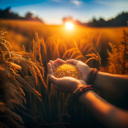 Woman hands holding wheat ears in the field at sunset. Selective focus.の素材