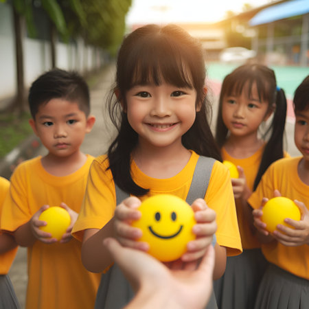 Happy Asian little girl holding yellow ball with smiley face in kindergartenの素材