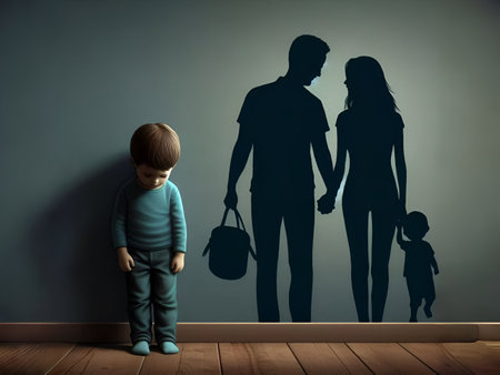 Silhouette of a family standing in front of a wall with a drawingの素材