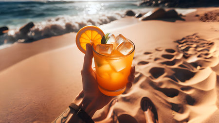 Female hand holding glass of orange cocktail with ice on the beach.の素材