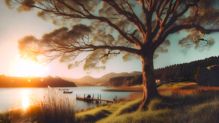 Lonely tree on the lake at sunset. 3d renderの素材