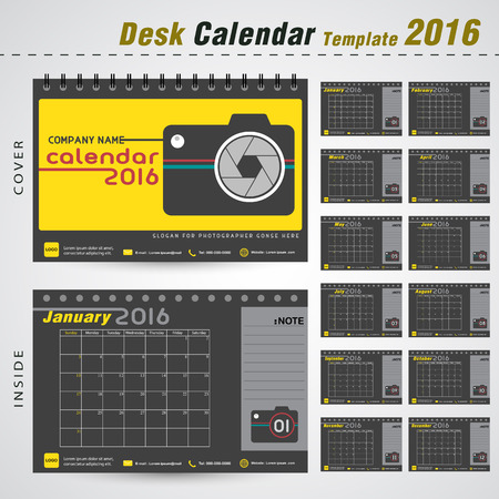 Desk calendar 2016 vector design template with camera sign for new year ,photographer ,photography ,office object Can be used for new year, company ,office, business, holiday plan or planner vector illustrationのイラスト素材