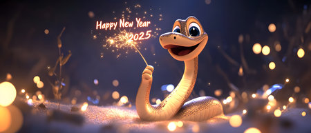A cheerful cartoon snake celebrating New Year 2025 with sparklers, spreading joy and festive spirit. Generated AIの素材