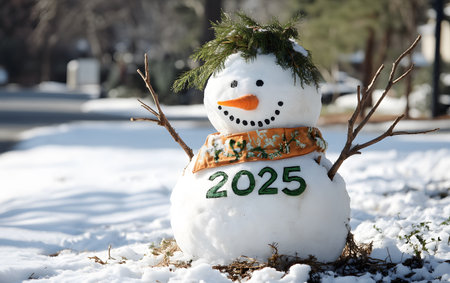 A cheerful snowman adorned with greenery and a scarf, celebrating the winter season with the year 2025. Generated AIの素材