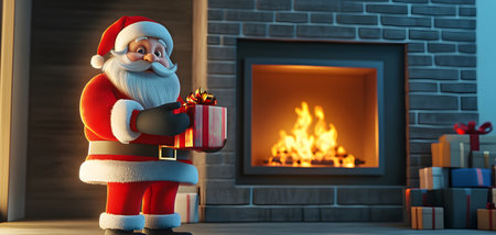 A cheerful Santa Claus stands by a cozy fireplace, holding a gift, embodying the festive spirit of Christmas. Generated AIの素材