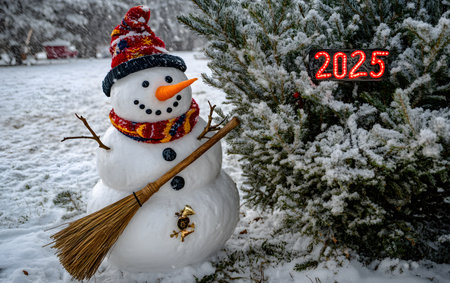 A cheerful snowman in a snowy landscape, ready to greet the new year 2025 with a broom and vibrant accessories. Generated AIの素材