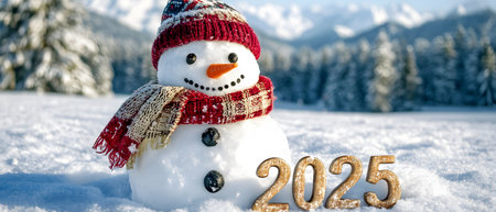 A cheerful snowman wearing a knitted hat and scarf, celebrating the snowy season with '2025' in the background. Generated AIの素材