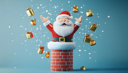 A cheerful Santa Claus emerges from a chimney, surrounded by floating gifts and snowflakes in a festive scene. Generated AIの素材
