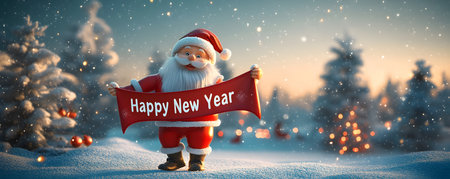 A festive Santa Claus holding a banner that reads Happy New Year amidst a snowy winter landscape with twinkling lights. Generated AIの素材