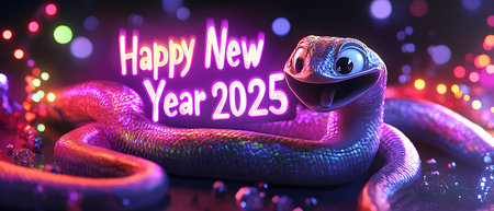A colorful New Year 2025 celebration featuring a playful snake design, perfect for festive greetings and decorations. Generated AIの素材