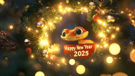 A festive frog decorates a holiday wreath, welcoming the New Year 2025 with lights and cheer. Generated AIの素材