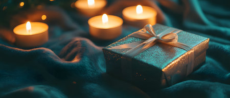A beautifully wrapped gift sits on a soft fabric surrounded by glowing candles, creating a warm and inviting atmosphere perfect for celebrations and special occasions. Generated AIの素材