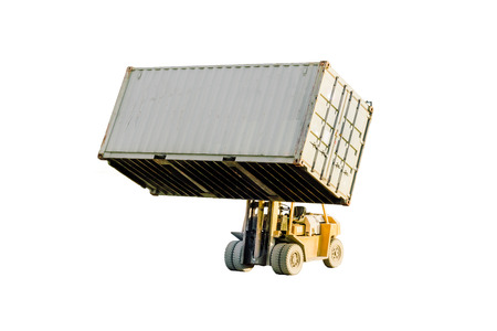 Yellow industrial Forklift handling container box isolated on white background