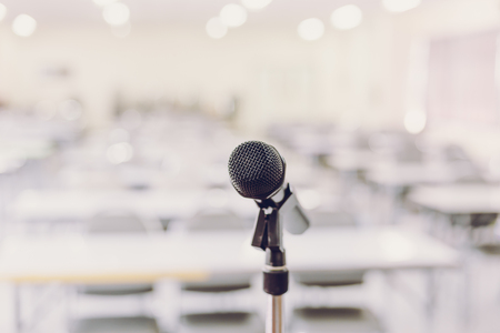 Microphone in Conference Seminar room Event Backgroundの写真素材