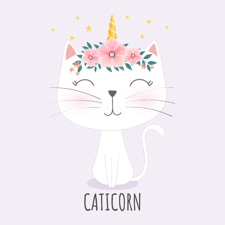 Cute caticorn head with flower crown.のイラスト素材