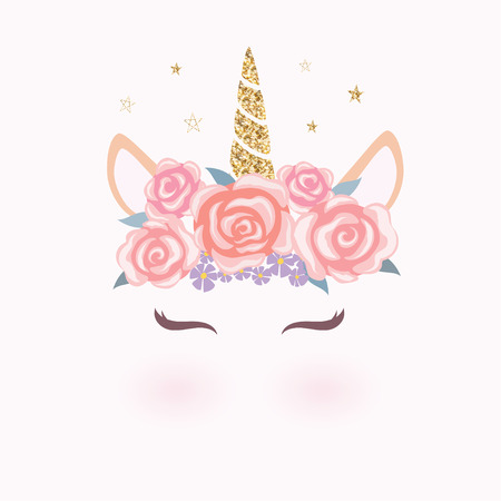 Cute unicorn head with flower crown.のイラスト素材