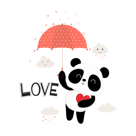 cute little panda with red umbrella.のイラスト素材