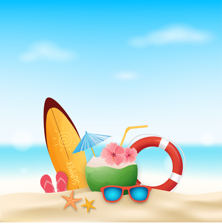Summer vacation template with beach summer accessories.のイラスト素材