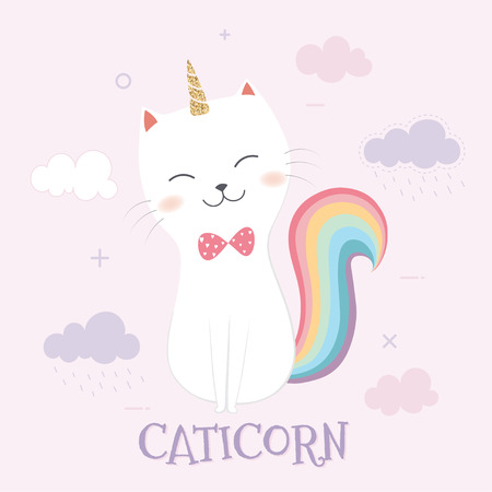 Cute Caticorn and rainbow on a pink sky backgroundのイラスト素材